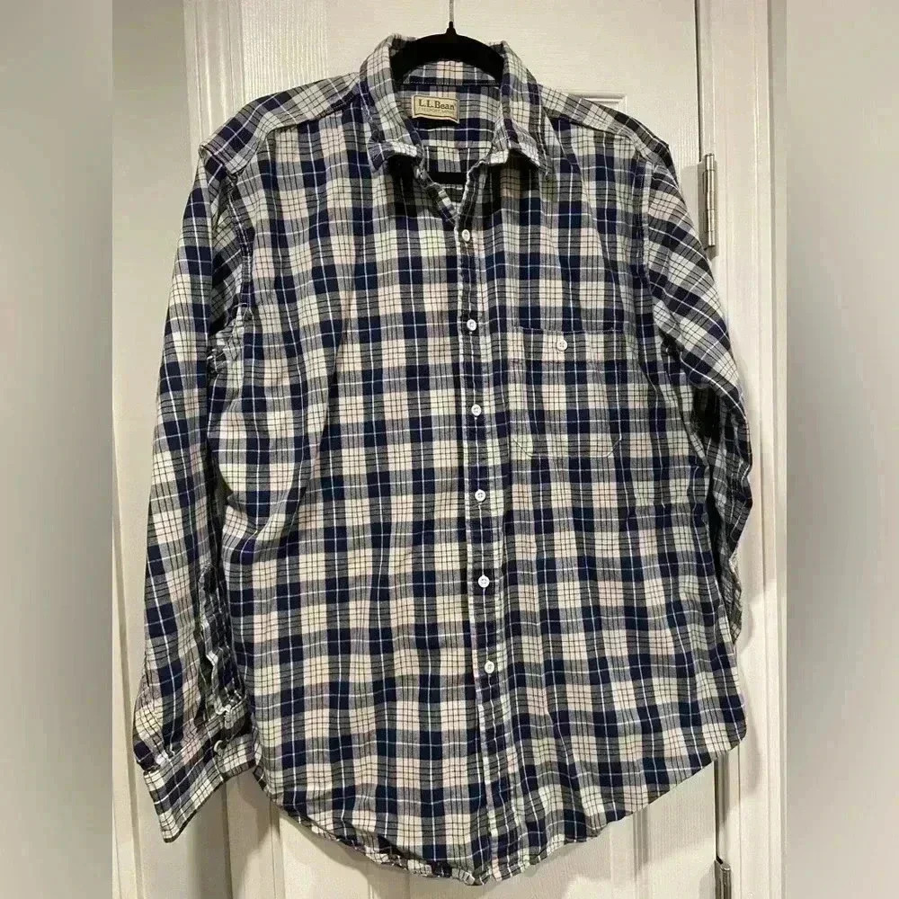 VTG 80s L.L. Bean Men’s Navy Blue Plaid Soft Cotton Twill Button Down Size L